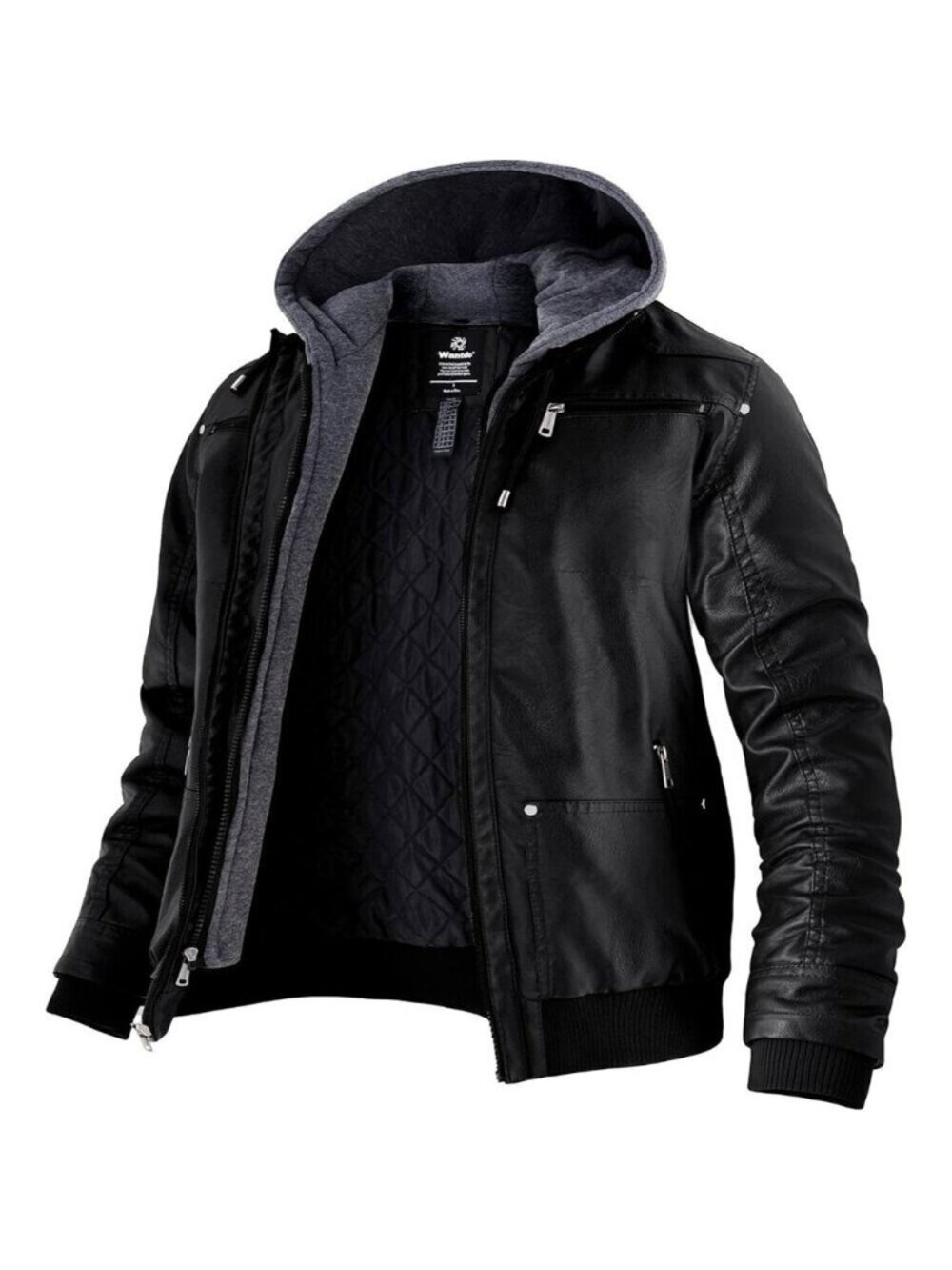 Men's Black-Thick Winter Coat Faux Leather Spring Jacket with Removable Hood